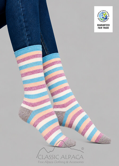 Premium Alpaca Colors Striped Socks with brushed interior, colorful stripes, and reinforced heel and toe.