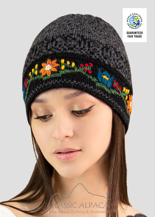 Alpaca Embroidered Leaf Hat - Fleece Lining