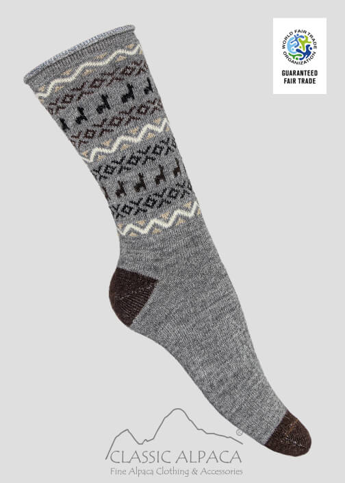Premium Alpaca Print Crew Socks with geometric patterns, alpaca motifs, and reinforced heel and toe.