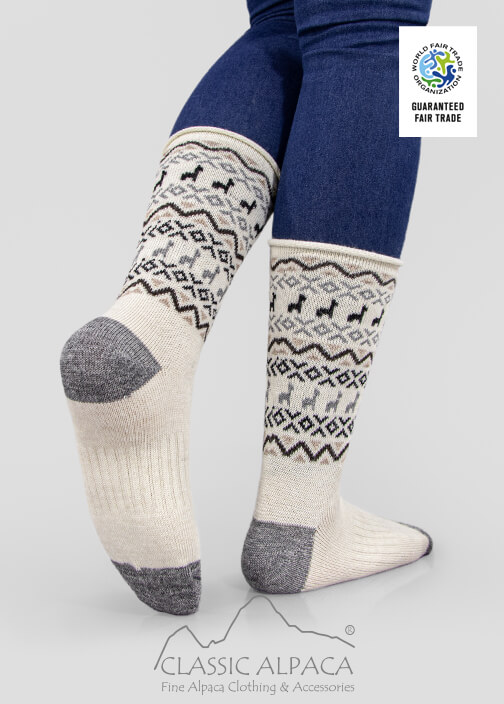 Premium Alpaca Print Crew Socks with geometric patterns, alpaca motifs, and reinforced heel and toe.