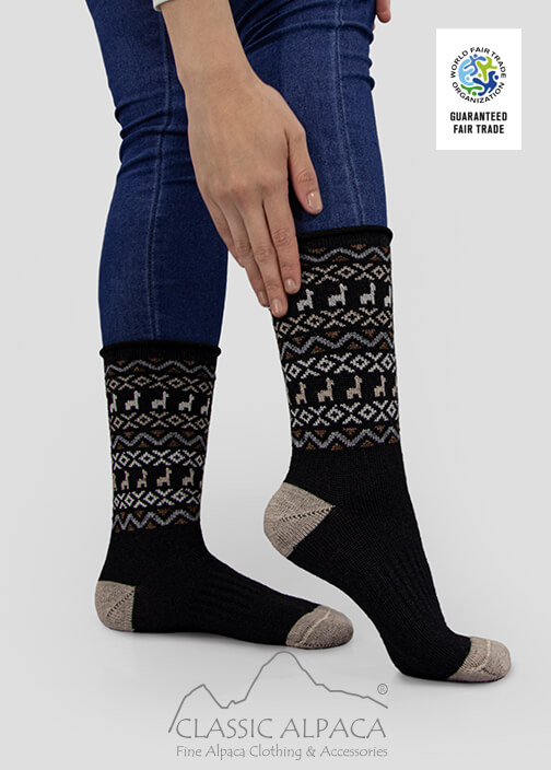Premium Alpaca Print Crew Socks with geometric patterns, alpaca motifs, and reinforced heel and toe.