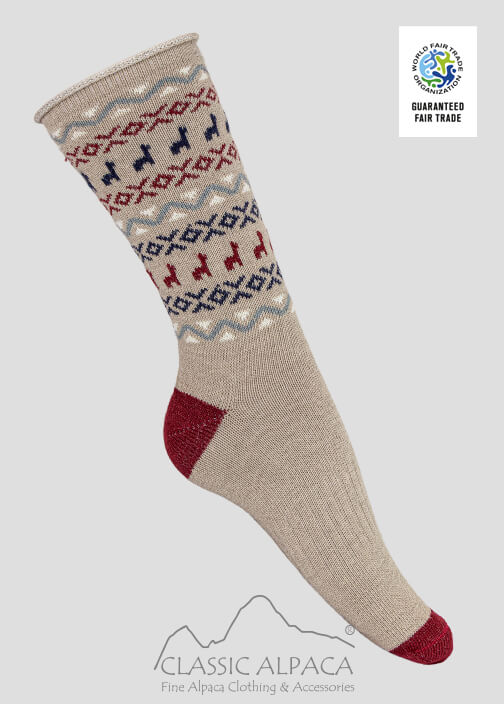 Premium Alpaca Print Crew Socks with geometric patterns, alpaca motifs, and reinforced heel and toe.
