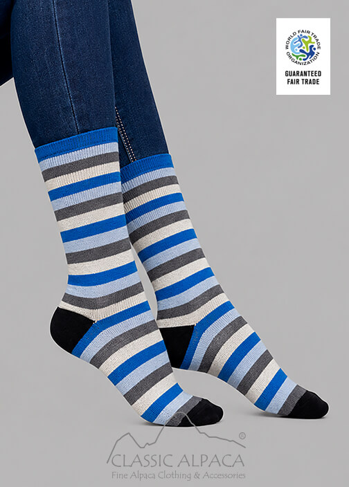 Premium Alpaca Colors Striped Socks with brushed interior, colorful stripes, and reinforced heel and toe.