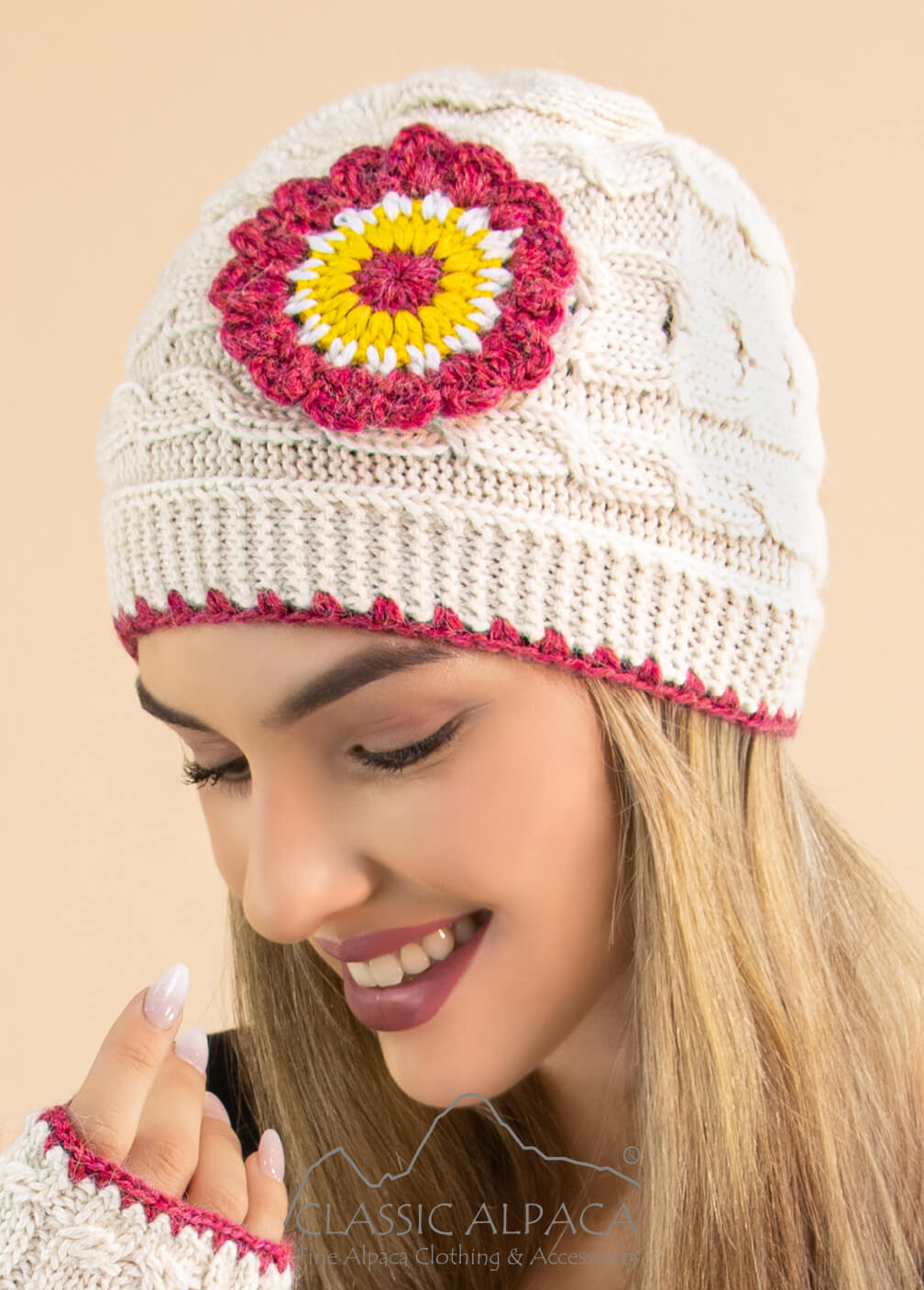 Wholesale Hats: Flower Cable Alpaca Hat
