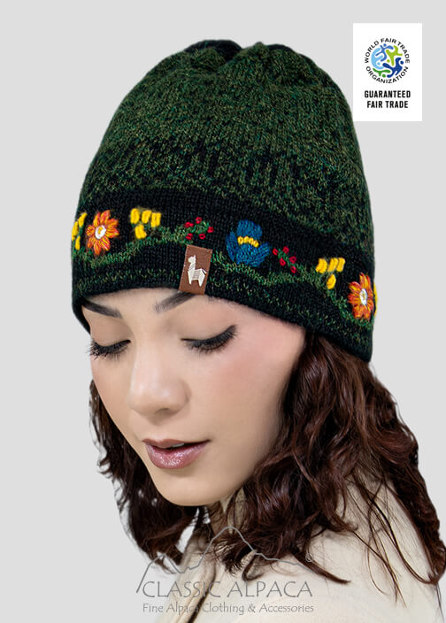 Alpaca Embroidered Leaf Hat - Fleece Lining