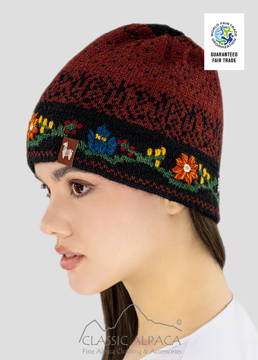Alpaca Embroidered Leaf Hat - Fleece Lining