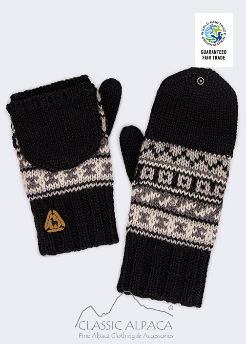 Peruvian Alpaca Glittens with brooch - Fleece Lining