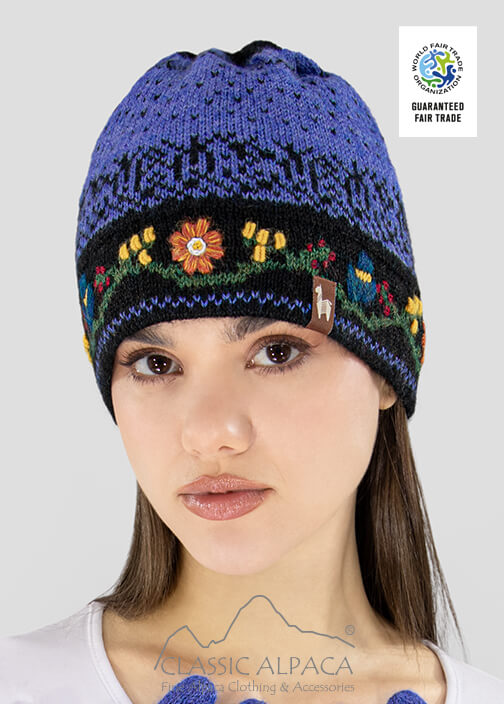Alpaca Embroidered Leaf Hat - Fleece Lining