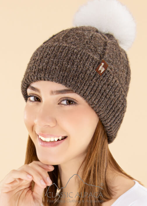 Alpaca Fur Pom Pom Cable Hat