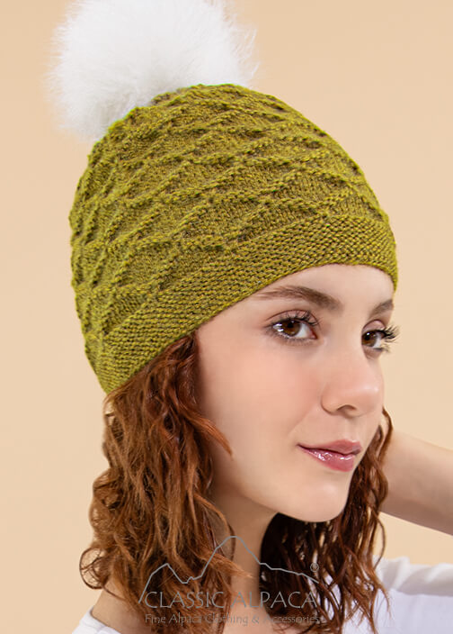 Diamond Cable Alpaca Fur Pompom Hat