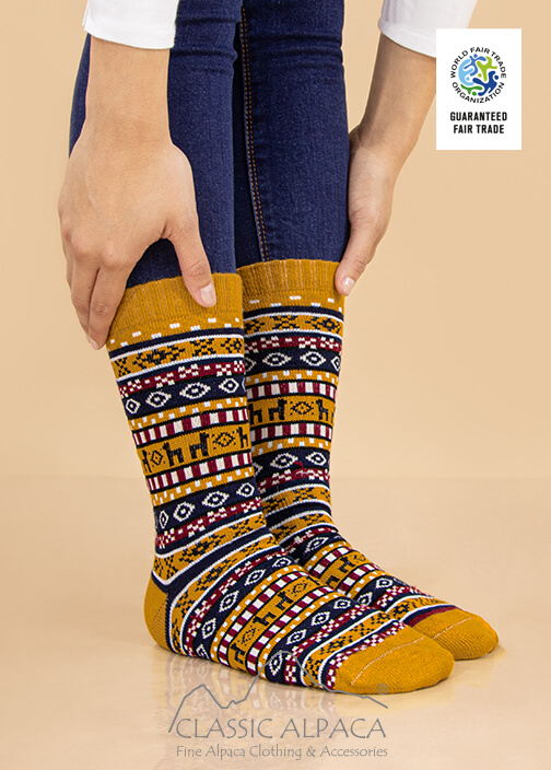 Alpaca Colorful Print Unisex Socks with vibrant geometric patterns, baby alpaca softness, and durable blend.