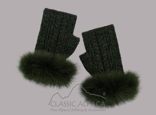 Alpaca Cable Fingerless Gloves with Fur