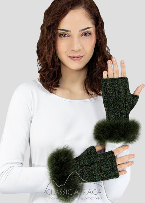 Alpaca Cable Fingerless Gloves with Fur