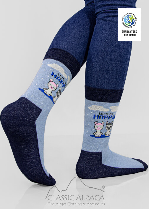 Premium Alpaca Cute Unisex Socks with playful cartoon design, brushed heel and sole, flat upper foot for breathability.
