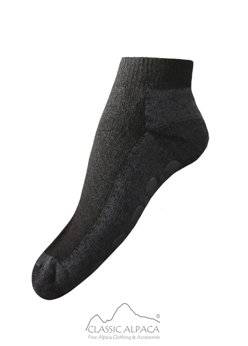 Alpaca Yoga Socks with non-slip soles, 43% alpaca, 42% acrylic, 15% nylon, soft, durable, and lightweight.
