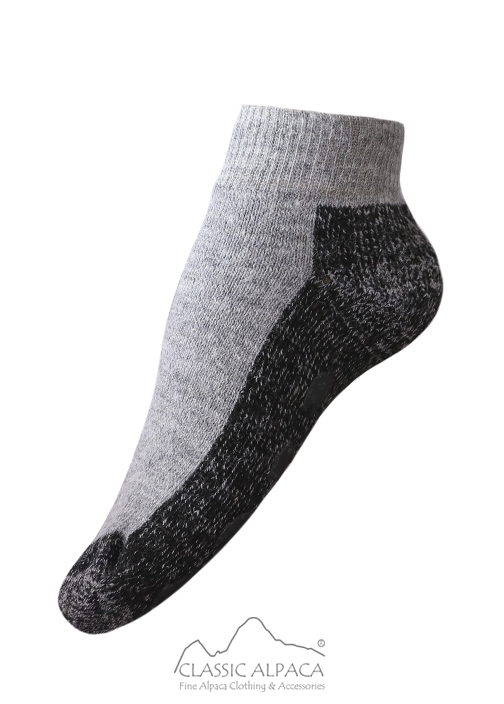 Alpaca Yoga Socks with non-slip soles, 43% alpaca, 42% acrylic, 15% nylon, soft, durable, and lightweight.