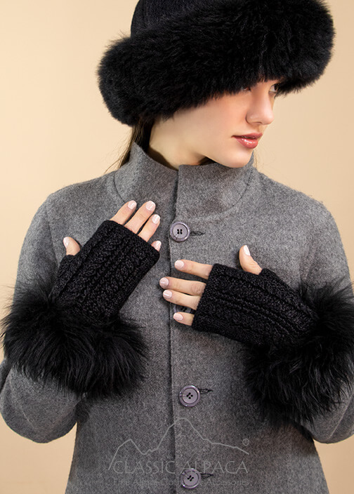 Alpaca Cable Fingerless Gloves with Fur
