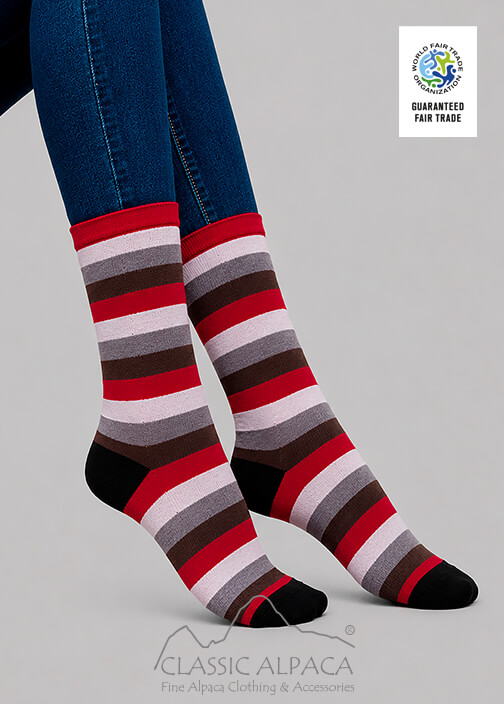 Premium Alpaca Colors Striped Socks with brushed interior, colorful stripes, and reinforced heel and toe.