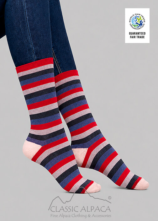Premium Alpaca Colors Striped Socks with brushed interior, colorful stripes, and reinforced heel and toe.