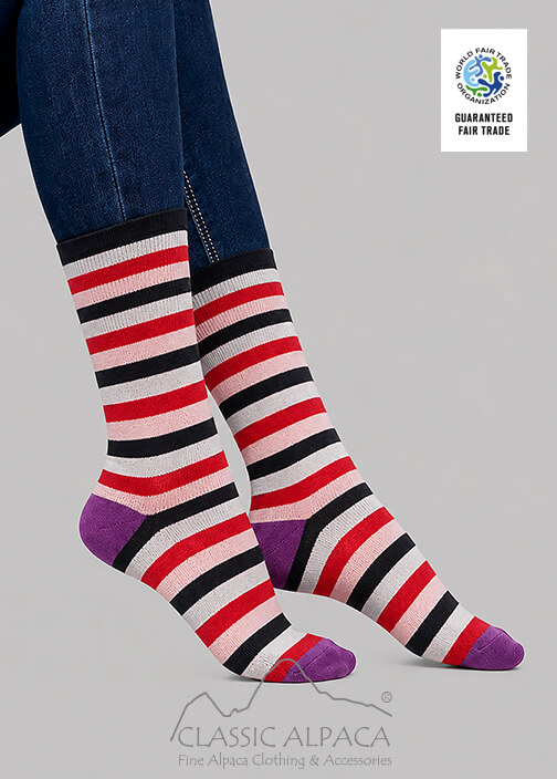 Premium Alpaca Colors Striped Socks with brushed interior, colorful stripes, and reinforced heel and toe.